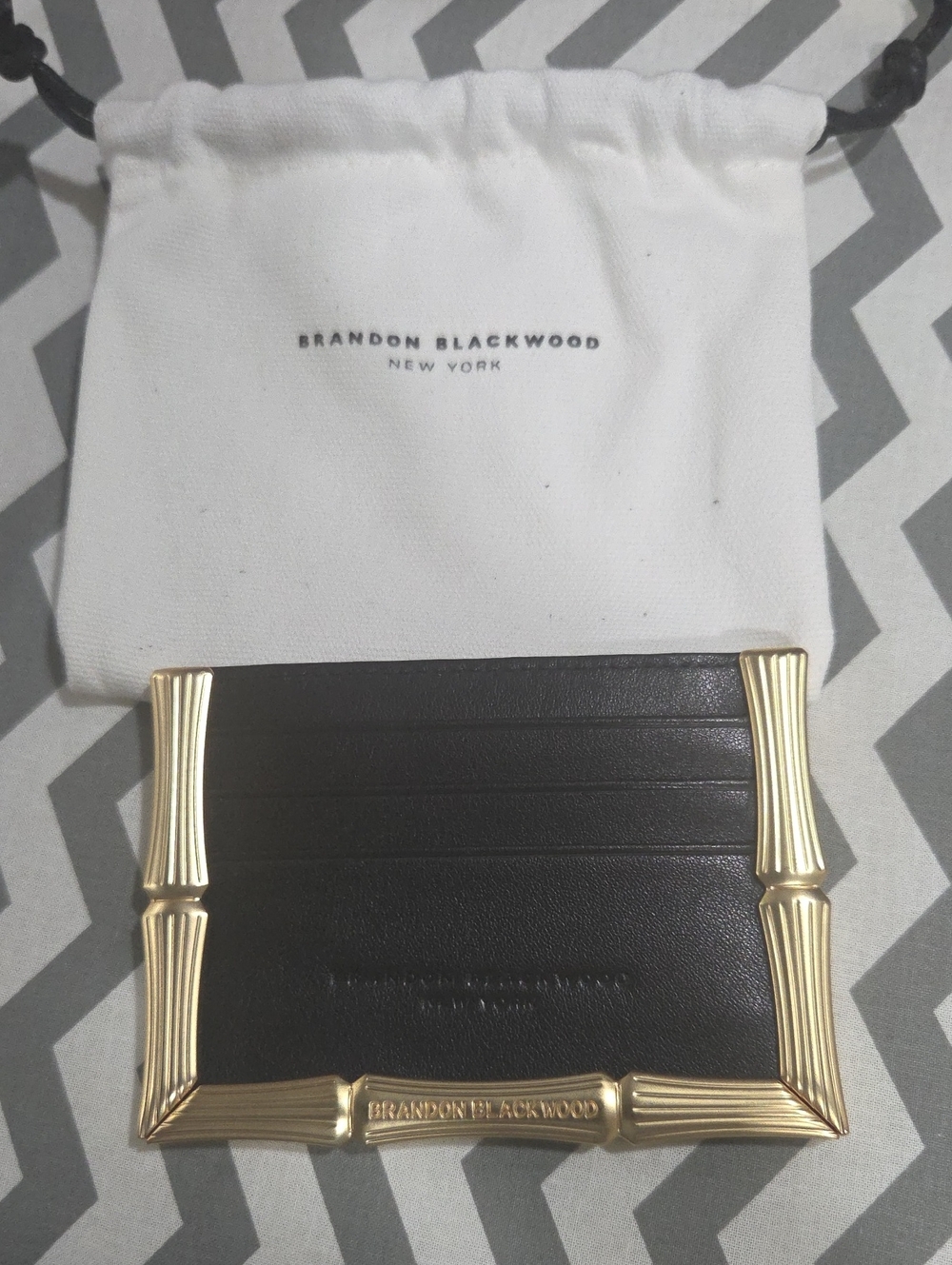Brandon Blackwood Bamboo Black Leather Card Holder with Gold - BRAND NEW